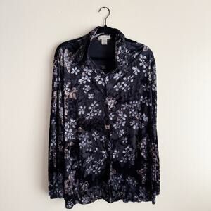 Notations Black Velvet Floral Print Semi Sheer Button Up Collared Blouse 2X